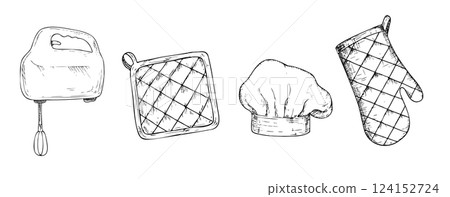 Vector set with hand mixer, pot holders, Chef hat, Glove potholder. Graphic ink Oven Mitt, kitchen tool illustration isolated on background. Hand drawn line sketch. For designers, prints, logo, icon Vector set with hand mixer, pot holders, Chef hat, Glove potholder. Graphic ink Oven Mitt, kitchen tool illustration isolated on background. Hand drawn line sketch. For designers, prints, logo, icon 124152724