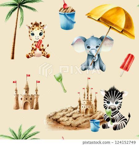Seamless pattern with beach sand hill, desert with castle with red flags on towers. Baby zebra, giraffe and elephant with plastic children's shovels playing. Blue bucket. Watercolor hand drawn 124152749