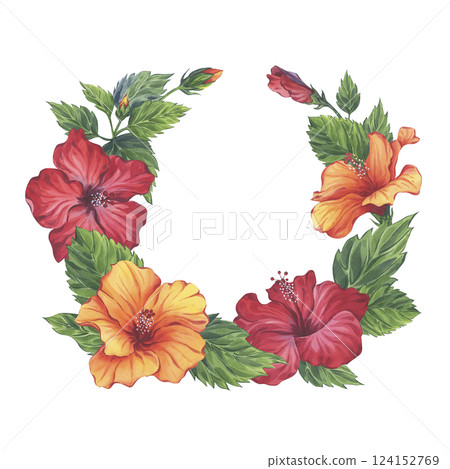 Watercolor hibiscus floral wreath with red and orange flowers. Hand-painted illustration of rosa sinensis 124152769