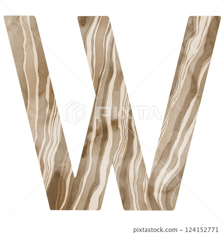 "W" Letter. Watercolor alphabet with wooden texture. Natural font for decorations, postcards, invitations. Perfect for scrapbooking, printing, education, services related to furniture or woodworking. 124152771