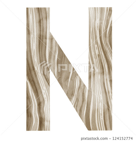"N" Letter. Watercolor alphabet with wooden texture. Natural font for decorations, postcards, invitations. Perfect for scrapbooking, printing, education, services related to furniture or woodworking. 124152774