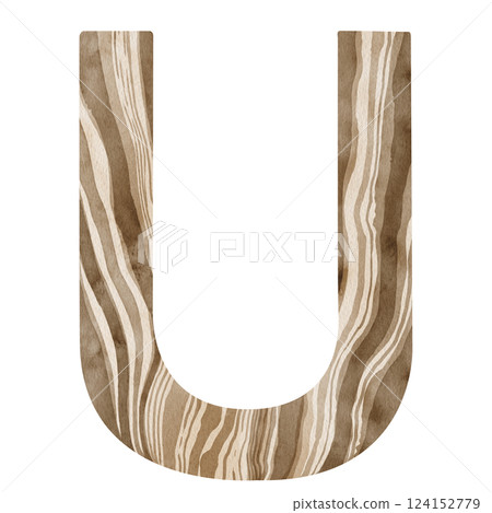 "U" Letter. Watercolor alphabet with wooden texture. Natural font for decorations, postcards, invitations. Perfect for scrapbooking, printing, education, services related to furniture or woodworking. "U" Letter. Watercolor alphabet with wooden texture. Natural font for decorations, postcards, invitations. Perfect for scrapbooking, printing, education, services related to furniture or woodworking. 124152779