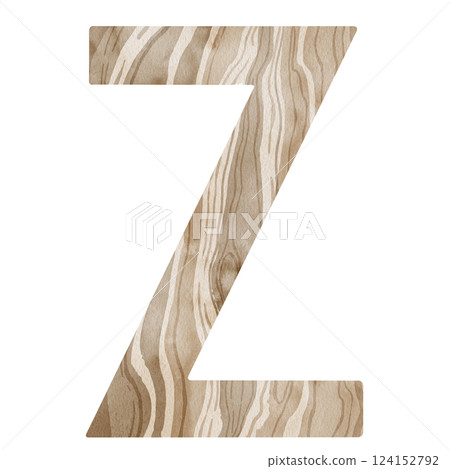 "Z" Letter. Watercolor alphabet with wooden texture. Natural font for decorations, postcards, invitations. Perfect for scrapbooking, printing, education, services related to furniture or woodworking. 124152792