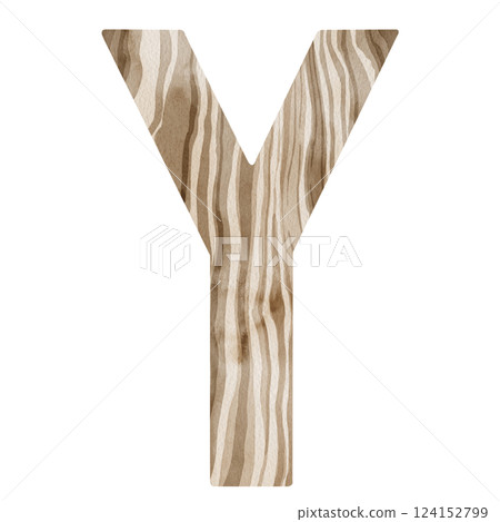"Y" Letter. Watercolor alphabet with wooden texture. Natural font for decorations, postcards, invitations. Perfect for scrapbooking, printing, education, services related to furniture or woodworking. 124152799