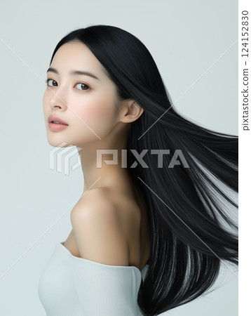 A woman with very straight long hair Vertical image Hair care image 124152830