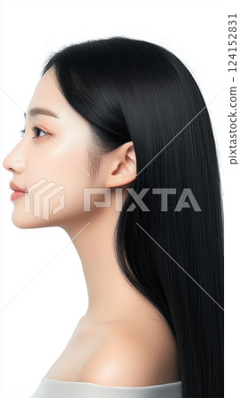 A woman with very straight long hair Vertical image Hair care image 124152831