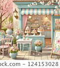 Spring-only cafe illustration | A relaxing space decorated with pastel colors and cherry blossoms 124153028