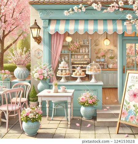 Spring-only cafe illustration | A relaxing space decorated with pastel colors and cherry blossoms 124153028