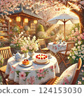 Spring cafe illustration | Cafe time enjoying cherry blossoms on the outdoor terrace 124153030