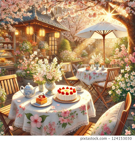 Spring cafe illustration | Cafe time enjoying cherry blossoms on the outdoor terrace 124153030