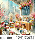Illustration of a spring city cafe | A stylish cafe where you can enjoy cherry blossoms and spring sweets 124153031