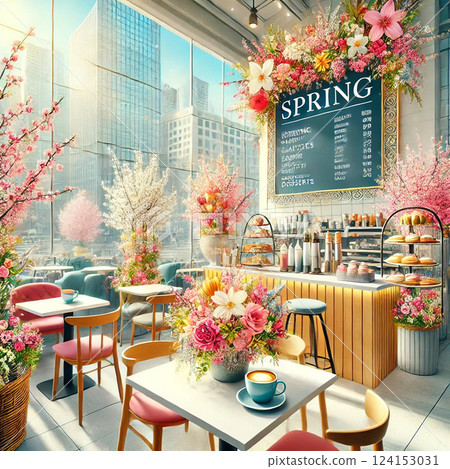 Illustration of a spring city cafe | A stylish cafe where you can enjoy cherry blossoms and spring sweets 124153031