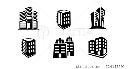 Building icon set. Containing house, office, bank, school, hotel, shop, university and hospital icons. Solid icon collection. Vector illustration. 124153291