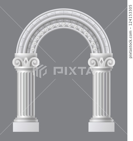 Ancient roman arch. Architectural stone or marble arch. Portal greek castle or luxury facade building entrance with pillars columns. Creative isolated arch design. Vector cartoon illustration 124153305
