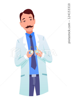 Eyesight diagnostics. Eyes test procedure in hospital. Ophthalmology clinic. Vector cartoon character isolated on white background 124153310