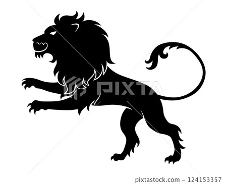 Heraldic lion silhouette. Black lion in flat style. Heraldic icon, symbol and design element isolated on white background. Vector illustration 124153357