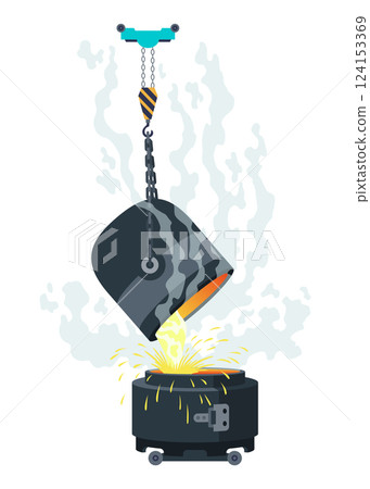 Metallurgy industry concept with smelter, production plant. Steel industry banner, iron and factory workshop. Hot steel pouring in steel plant Metallurgy industry concept with smelter, production plant. Steel industry banner, iron and factory workshop. Hot steel pouring in steel plant 124153369
