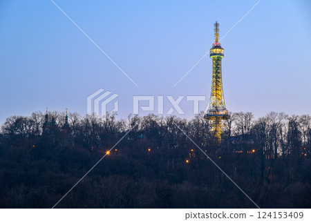 Petrin lookout steel framework tower built in 1891, resembling small Eiffel Tower, on Petrin hill in Prague, Czech Republic 124153409