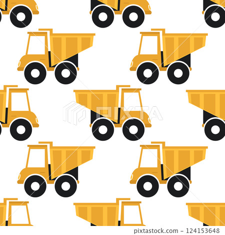 A cute seamless pattern with yellow dump truck. Background, banner, poster, fabrick, wrapping paper template. 124153648