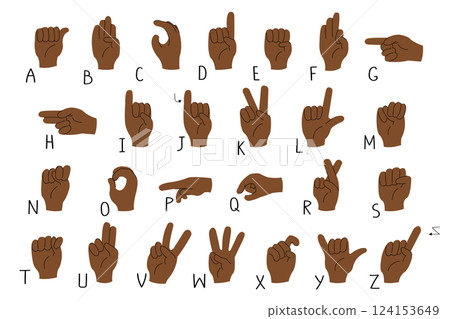 American Sign Language alphabet. An illustration of black African American hands for ASL educational poster. Deaf mute sign gestures. American Sign Language alphabet. An illustration of black African American hands for ASL educational poster. Deaf mute sign gestures. 124153649