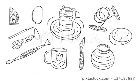 A hand-drawn pottery and ceramics set 124153687