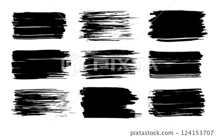 Vector paint brush set. Black ink grunge brush strokes. Grunge design elements. Painted ink stripes. Creative isolated spots. Ink smudge, abstract shape stains and smear set Vector paint brush set. Black ink grunge brush strokes. Grunge design elements. Painted ink stripes. Creative isolated spots. Ink smudge, abstract shape stains and smear set 124153707