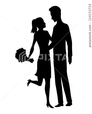 Couples in love silhouette. Man and woman standing together. Romantic black silhouette of loving pair boy and girl. Vector illustration 124153725