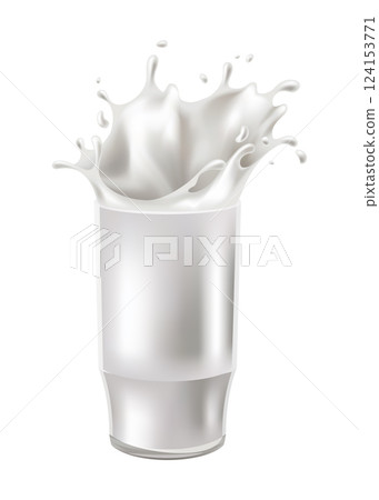 Realistic milk splash in a glass vector illustration. Milk poured into glass on a white background Realistic milk splash in a glass vector illustration. Milk poured into glass on a white background 124153771