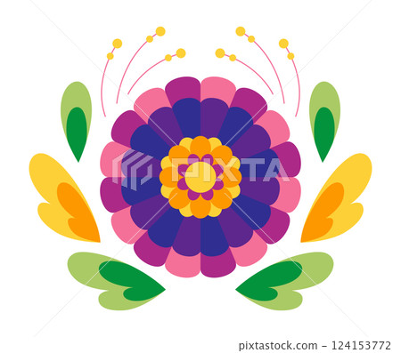 Mexican traditional flower. Ethnic embroidery decoration. Ornate folk graphic, wallpaper element. Festive mexican floral motif. Vector illustration 124153772