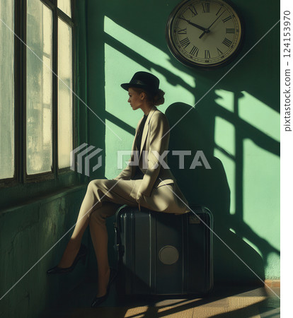 AI generated Elegant businesswoman waiting at the station with suitcase and hat 124153970