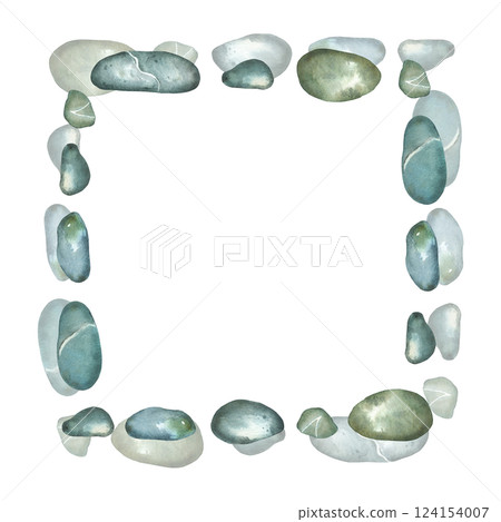 Square frame of sea pebbles and stones, hand-painted in watercolor. Watercolor illustration. Suitable for printing on postcards, for designing invitations and business cards, holiday decor. Square frame of sea pebbles and stones, hand-painted in watercolor. Watercolor illustration. Suitable for printing on postcards, for designing invitations and business cards, holiday decor. 124154007