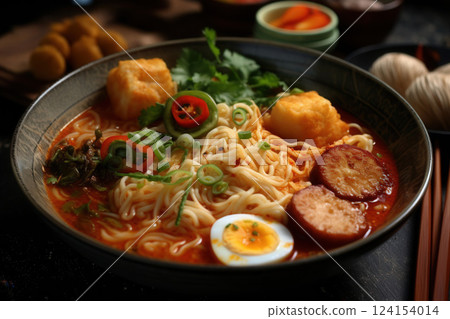 AI generated Spicy curry noodle soup with fried tofu, egg, and herbs in bowl 124154014