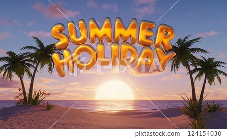 Summer Holiday a fun and vibrant 3D text effect in a cartoon style. 124154030