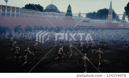Russia apocalypse. Zombie walks on Red Square, crowd of zombies. Moscow. 3d rendering. Russia apocalypse. Zombie walks on Red Square, crowd of zombies. Moscow. 3d rendering. 124154078
