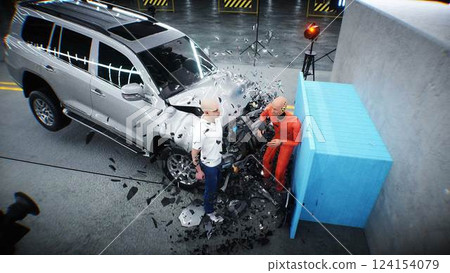 car crash test stop time. safety concept. 3d rendering. car crash test stop time. safety concept. 3d rendering. 124154079