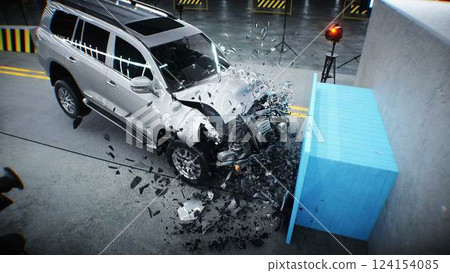 car crash test stop time. safety concept. 3d rendering. 124154085