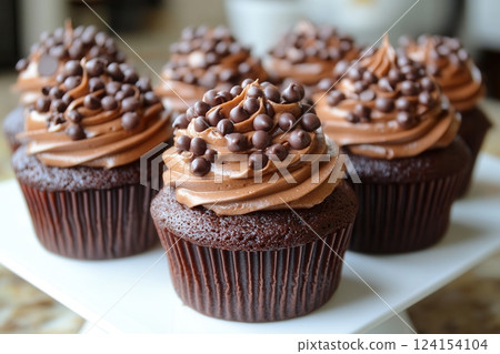 AI generated Delicious chocolate cupcakes with chocolate chips topping sitting on white ceramic cake stand 124154104