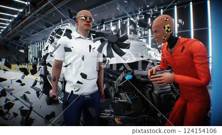 car crash test stop time. safety concept. 3d rendering. car crash test stop time. safety concept. 3d rendering. 124154106