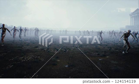 USA, America apocalypse. Zombie walks near Capitol, crowd of zombies. 3d rendering. USA, America apocalypse. Zombie walks near Capitol, crowd of zombies. 3d rendering. 124154119