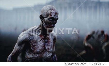 USA, America apocalypse. Zombie walks near Capitol, crowd of zombies. 3d rendering. USA, America apocalypse. Zombie walks near Capitol, crowd of zombies. 3d rendering. 124154120