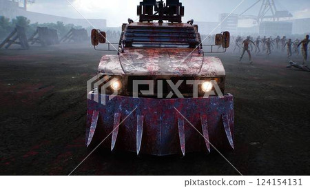 zombie car and walking crowed zombies. Apocalyptic concept. 3d rendering. 124154131