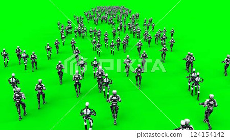 a crowd of walking robots with weapons. green screen.3d rendering. a crowd of walking robots with weapons. green screen.3d rendering. 124154142