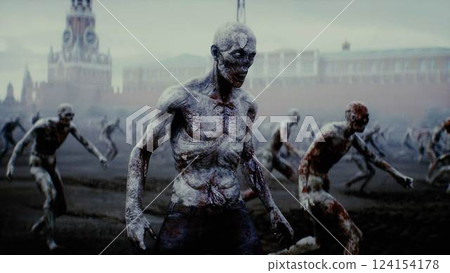 Russia apocalypse. Zombie walks on Red Square, crowd of zombies. Moscow. 3d rendering. 124154178