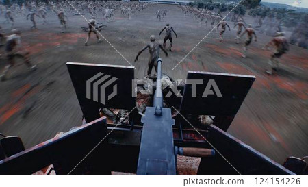 zombie car drives and hits zombies. Apocalyptic concept. 3d rendering. zombie car drives and hits zombies. Apocalyptic concept. 3d rendering. 124154226