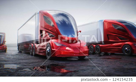Futuristic electric cargo semi truck in desert stone highway. Futuristic concept. 3d rendering. 124154235