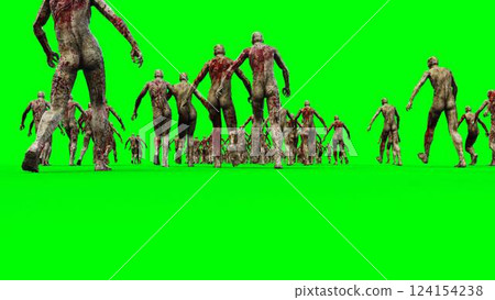 a crowd of walking zombies. green screen. Apocalyptic concept. 3d rendering. 124154238