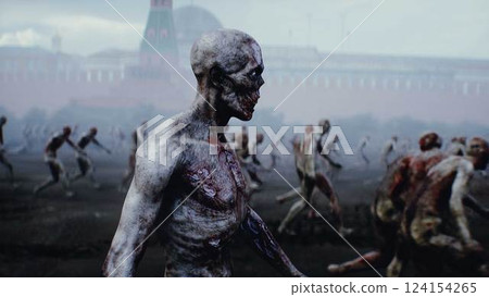 Russia apocalypse. Zombie walks on Red Square, crowd of zombies. Moscow. 3d rendering. Russia apocalypse. Zombie walks on Red Square, crowd of zombies. Moscow. 3d rendering. 124154265