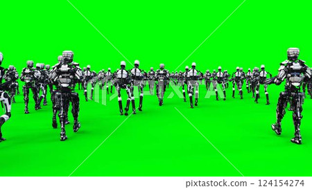 a crowd of walking robots with weapons. green screen.3d rendering. a crowd of walking robots with weapons. green screen.3d rendering. 124154274