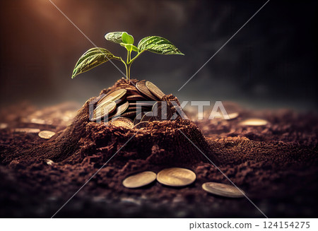 AI generated Small plant growing from pile of coins in dark soil AI generated Small plant growing from pile of coins in dark soil 124154275