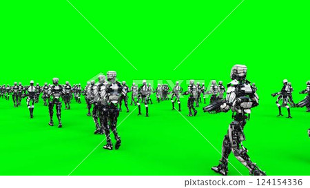 a crowd of walking robots with weapons. green screen.3d rendering. a crowd of walking robots with weapons. green screen.3d rendering. 124154336